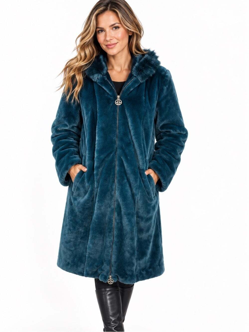Dennis Basso Teal Faux Fur Coat L Hooded Plush Longline Zip Front Statement